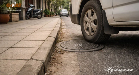 Bối cảnh khu dân cư: đường nội khu và vỉa hè, vị trí đặt nắp quyết định cấp tải