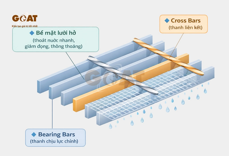 Minh họa Cận cảnh cấu tạo grating: Thanh chịu lực (bearing bars) và thanh liên kết (cross bars), thể hiện hướng chịu lực chính