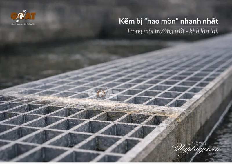 Tấm sàn grating thép mạ kẽm dễ bị hao mòn trong môi trường ẩm ướt