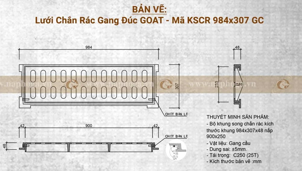 Bản vẽ tấm lưới chắn rác gang 984x307 GOAT