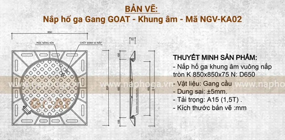 Bản vẽ nắp ga gang 850x850 GOAT