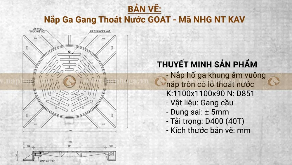 Bản vẽ nắp ga gang thoát nước GOAT 1100x1100