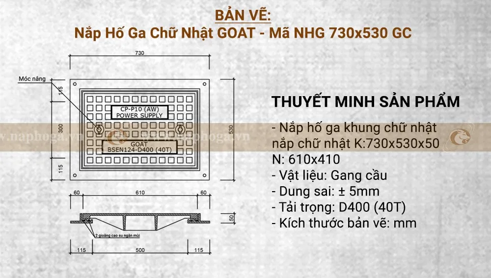 Bản vẽ nắp ga gang hình chữ nhật GOAT 730x530